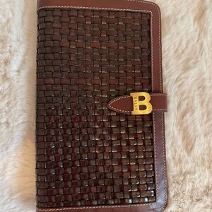 Bally Brown Woven Leather Wallet with Gold Accent